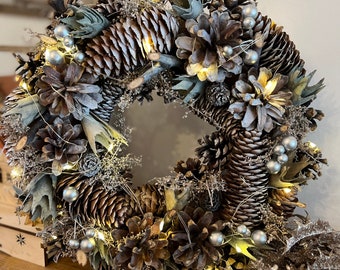 Christmas Natural Woodland Wreath with LED lights, Table Centrepiece, Wall or Door Hung, Frosted Foliage, Pinecones, Holly, Silver Berries