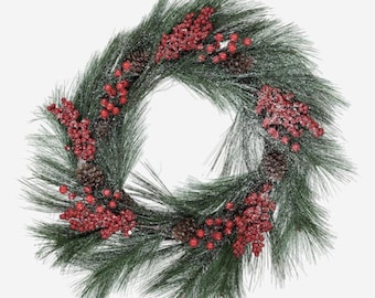 Large Green Pinecone & Red Berry Artificial Wreath 61x61cm, Christmas decoration, Pinecone, wall or door hung, woodland, Frosted - (TK020)