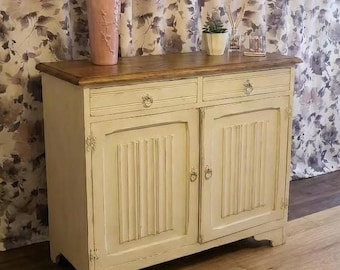 Shabby chic solid oak sideboard, cupboard, dresser, hand painted in Rustoleum antique white, distressed, clear wax
