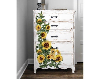 Sunflower Furniture Decor Transfer 24" x 35" Re-Design with Prima, Chalk Mineral Paint, floral, birds, branches