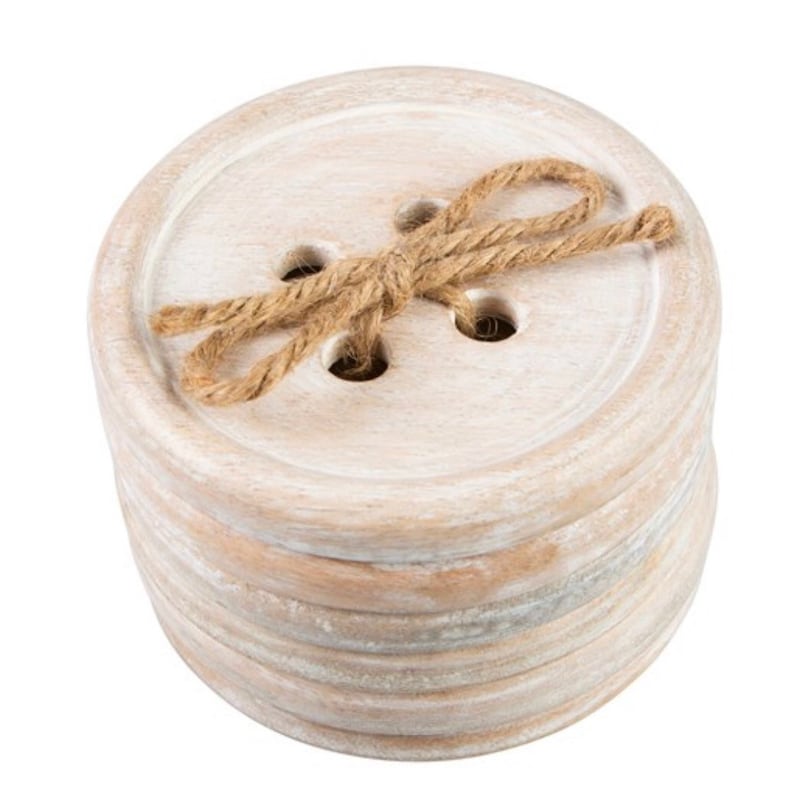 May include: Set of six white wooden coasters shaped like large buttons, tied together with twine.
