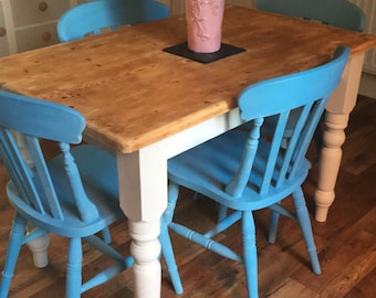 SOLD Please contact for custom orders - Pine farmhouse dining set table & 4 chairs Annie Sloan Greek Blue variation Shabby Chic Vintage