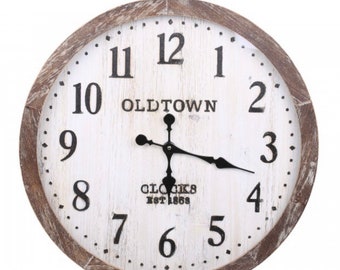 Large clock, wall hung, wooden with carved face, shabby chic, old town, cream & natural wood