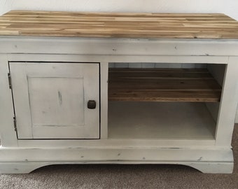 SOLD TV stand cabinet, storage unit, Solid / hardwood oak, television display table, media storage unit shabby chic country cream distressed