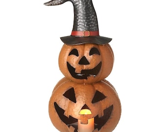 Metal Pumpkin stack of 2 with hat design ornament, for display, haunted, decoration, carved, face, spooky, jack-o'-lantern, battery operated