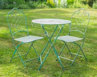 3 piece metal bistro set, round table and 2 chairs, latticed seats, antique green colour, vintage, outdoor furniture, dining set, garden