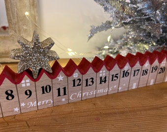 Contemporary Wooden Advent Countdown to Christmas, Advent Calendar, Fireplace & Shelf Decoration, Family Countdown, Red and White, Glitter