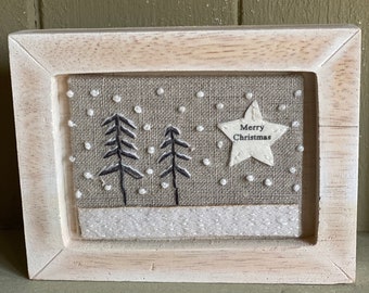 Wooded plaque / free standing, fabric, cross stitch, felt, Merry Christmas, gift, Xmas decorations, display, Xmas tree