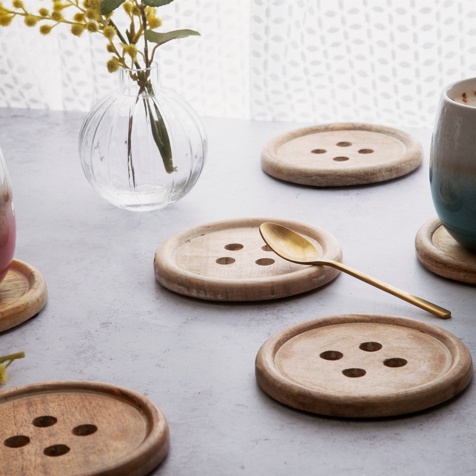 Large wooden button coasters, set of 6, homewares, living room, dining room, home accessories, gifts, house warming, birthday