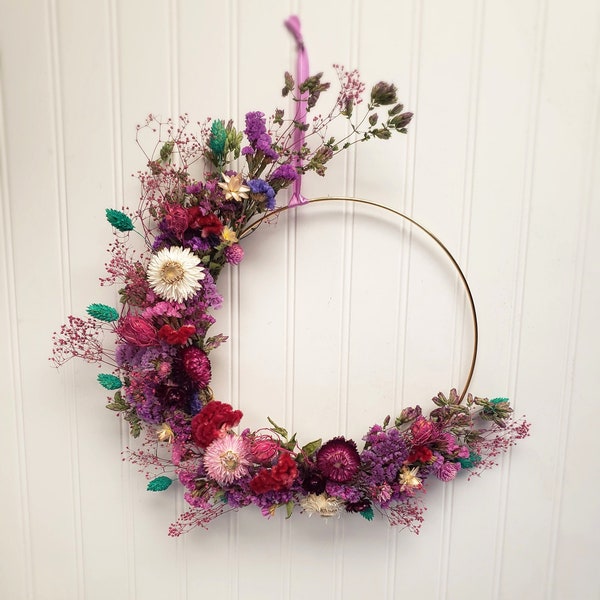 Deep Purples and Pinks Hoop Wreath, Seafoam Green Wheat, Strawflowers, Hangs from Violet Ribbon, Half Circle