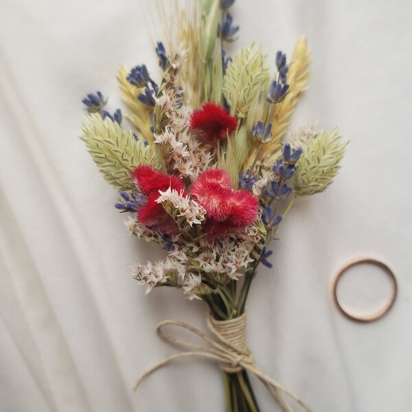 Blue Magenta Boutonnieres Jewel Toned Wedding Cranberry Indigo Dried Flowers Lavender Groomsmen Eclectic Cottagecore Barn Farmhouse Style