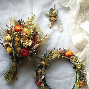 Colorful Wildflower Wedding, Strawflowers, Dried Flowers Bouquet Magenta Yellow Peach Pink Purple Blue Flower Crown corsages Boutonnieres
