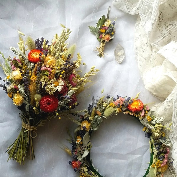 Colorful Wildflower Wedding Set, Strawflowers Dried Flowers Bouquet Pink Magenta Yellow Peach Purple Blue Flower Crown corsages Boutonnieres