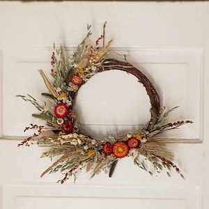 Fall Wreath Red Orange Yellow Green White, Thanksgiving Harvest Wreath Strawflowers Grains Dried Flowers Autumn Wreath Samhain Wreath Wheat