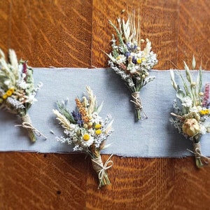 Rustic Wildflower Wedding, Dried Flower Boutonnieres, Dried Lavender, Bronze Green Mauve Magenta Yellow, Woodland, Daisies, Wheat, For Him