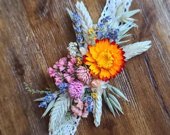 Orange Strawflower Corsage, Dried Flowers Wedding, Lavender, Yellow, Pink, Boho, Hippie