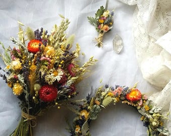 Wildflower Wedding Bouquet: Magenta Strawflowers, Lavender, Daisies, Yellow, Dried Flower Crown, Corsages, Boutonniere