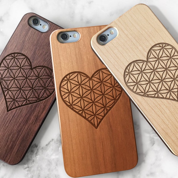 Flower of Life Heart iPhone SE 5c 5s 5 6 /6s 7 Plus Case | iPhone 7 Case | Samsung Galaxy S6 / S7 Real Wood Case Laser Engraved Wooden Case