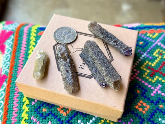 Smoky Quartz Lot with Purple Fluorite & Hedenbergite, 4 pcs, Hydrothermally Etched, Inner Mongolia A874