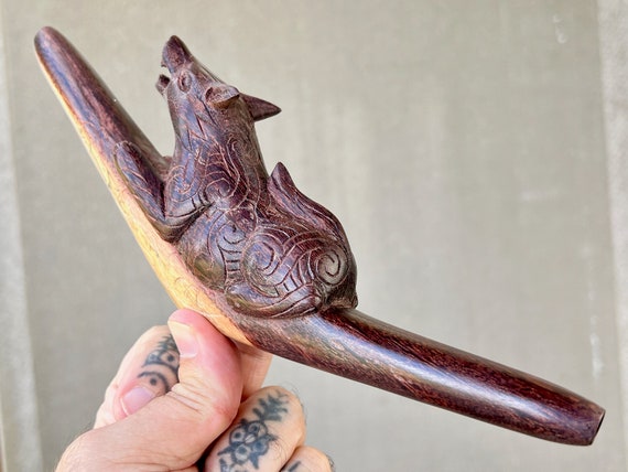 Cosmic Wolf Totem Tepi Pipe, Natural Wood Tepi with Wonderful Detail, Hand Carved from a Single Piece of Two-Tone Wood