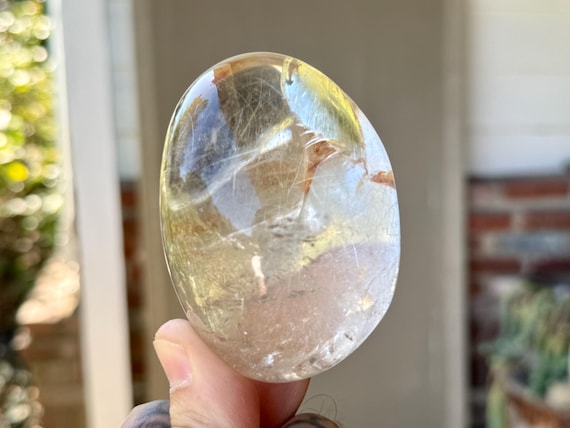 Golden Rutile Quartz, Water Clear Lens, 312g, Polished Quartz Palm Stone, Conductor Amplifier, Bahia, Brazil V256