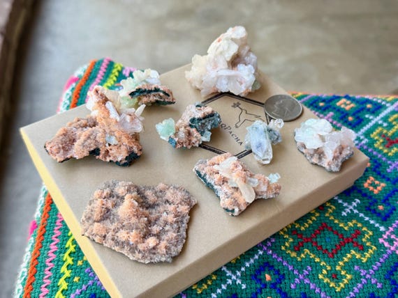 Green Apophyllite Quartz & Stillbite Lot, 8 Pcs, Heart and Crown Chakra, India WS270
