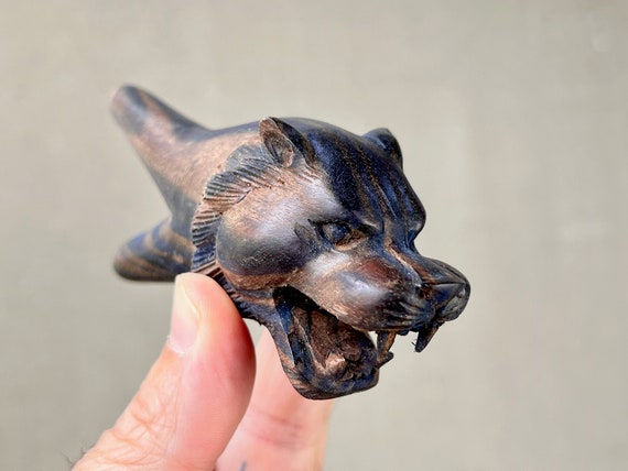 Lion Kuripe, Hand Carved Solid Dark Wood, Shamanic Applicator Pipe