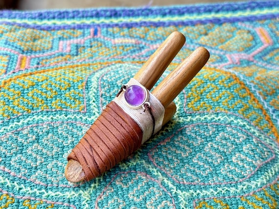 Double Kuripe with Amethyst, Traditional Shamanic Applicator Pipe, Hand Crafted from Natural Teak Wood
