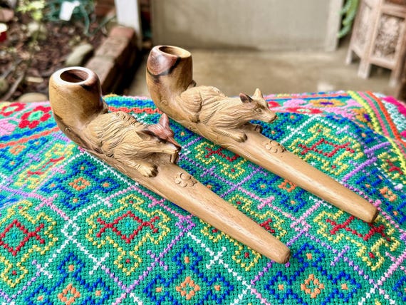 Shaman Wolf Pipe, Traditional Wooden Tobacco Pipe for Shamanic Ceremony, Hand Carved from Natural Tropical Hardwood