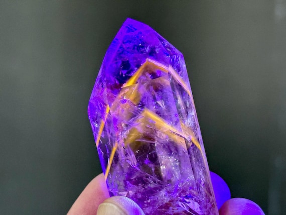 Powellite Phantom Quartz, UV Reactive & Self-Standing, 73g, New Find, Channeling Formation, Polished Quartz Tower, Bahia, Brazil A345