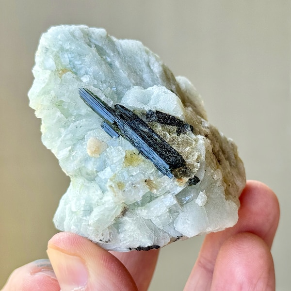 Ice Blue Albite with Dark Green Tourmaline, 163g, Rare Find, Aricanga Mine, Minas Gerais, Brazil W077