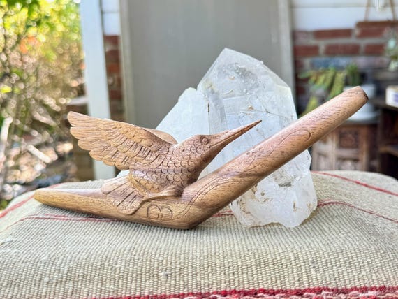 Hummingbird Totem Tepi Pipe, Natural Wood Tepi with Wonderful Detail, Hand Carved from a Single Piece of Teak Wood
