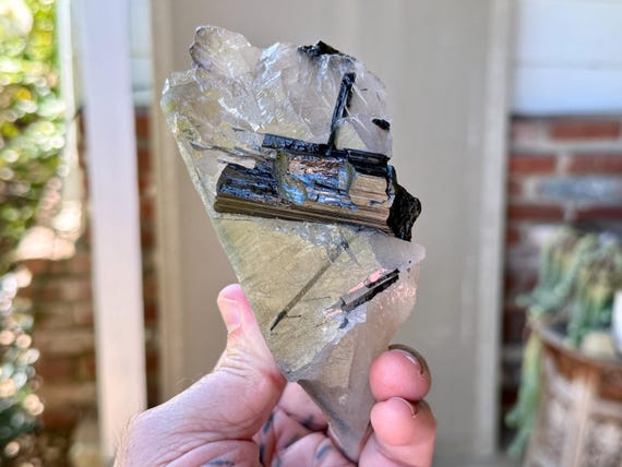Elestial Smoky Quartz, Dark Blue & Green Tourmaline, 510g, Custom Stand Included, Coronel Murta, Minas Gerais, Brazil V313