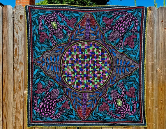 Shipibo Tapestry with Vibrant Colors, Flower of Life, Snakes & Frogs, Large Size 55" x 55,” by Artist Isabel Franquines in Pucallpa, Peru