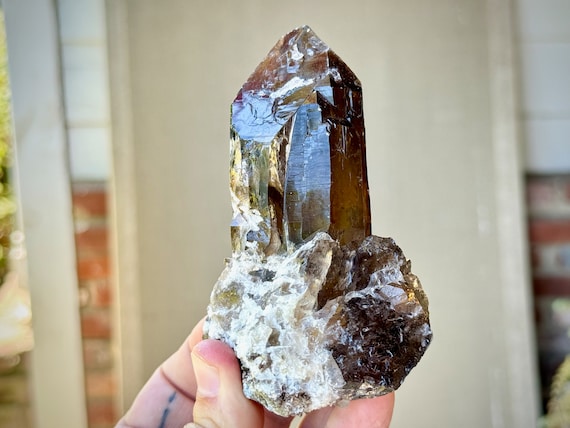 Smoky Cathedral Quartz with Lustrous Black Hue and Citrine Inclusion, 393g, New Find, Root Chakra, Minas Gerais, Brazil W341