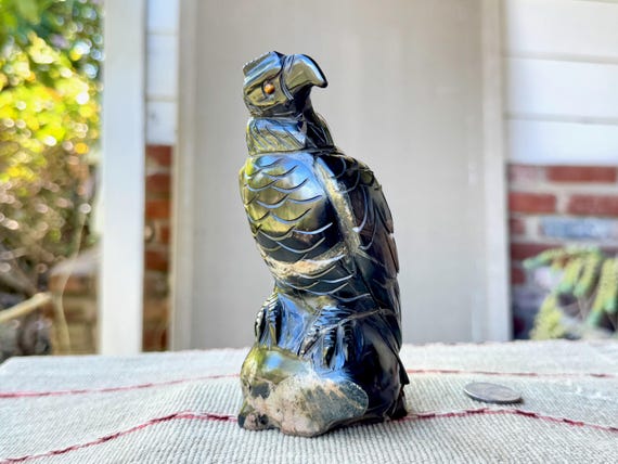 Andean Condor Statue from Peru's Sacred Valley, Hand Carved from Native Black Onyx and Septarian Stone by Artist Ozwaldo Perez