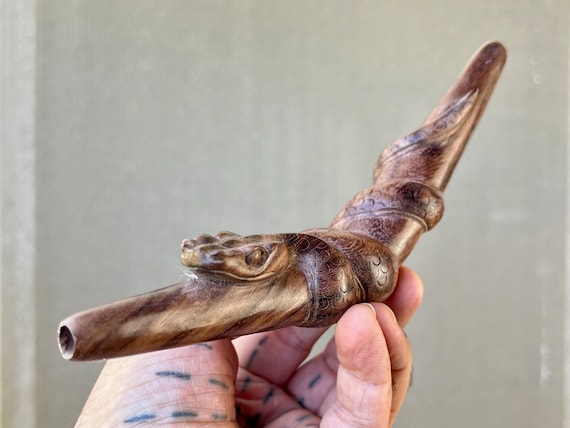 Serpent Tepi Pipe, Solid Dark Wood Snake Tepi with Beautiful Detail, Hand Carved from a Single Piece of Wood