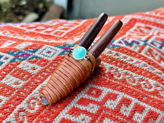 Double Kuripe Pipe with Amazonite, Traditional Dual Shamanic Applicator, Handcrafted from Natural Wood