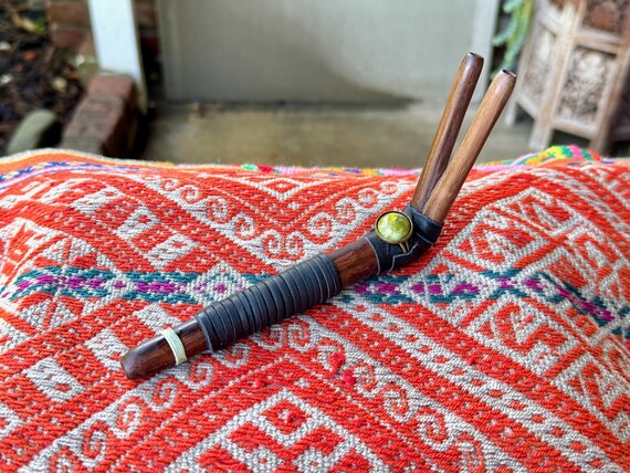 Double Tepi Pipe with Serpentine, Handcrafted Dark Wood Tepi, Traditional Shamanic Applicator Pipe