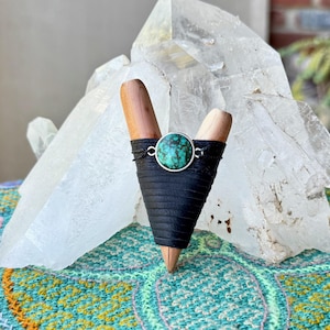 Kuripe with Cloud Mountain Turquoise, Traditional Handcrafted Wooden Shamanic Self-Applicator Pipe