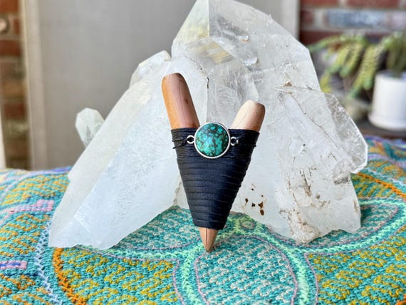 Kuripe with Cloud Mountain Turquoise, Traditional Handcrafted Wooden Shamanic Self-Applicator Pipe