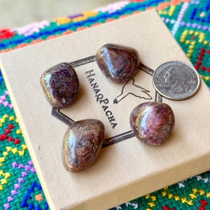 May include: Four polished, tumbled garnet stones with deep red and brown hues arranged on a tan cardboard box. The box features the text HANAPACHA and a bird logo, with a silver United States quarter coin placed next to the stones for scale.