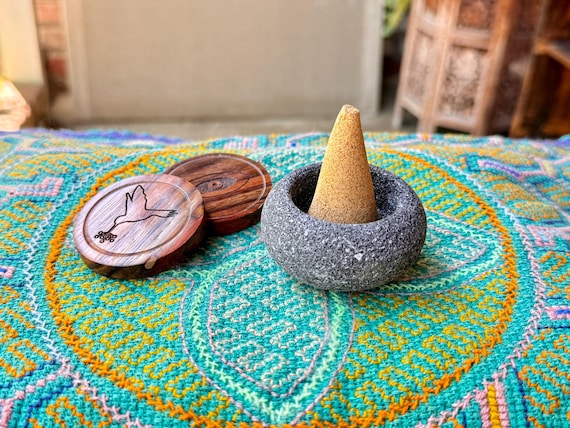 Stone Incense Cone Burner with Heat-Absorbing Wooden Disc, Hand Carved from Indonesian Black Lava Stone