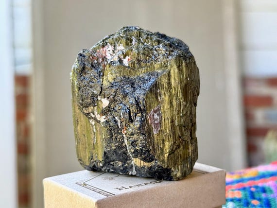 Cat's Eye Tourmaline, Bicolor Green with Black Core, Self-Standing, 296g, Heart Chakra, Minas Gerais, Brazil X510