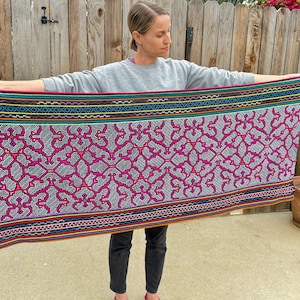 Shipibo Mesa Cloth, 57&quot; x 24,&quot; Embroidered Shamanic Tapestry, Wrap Skirt or Shawl for Plant Ceremony,  by Peruvian Artisan Alicia Inuma