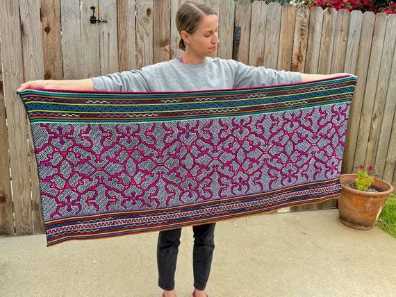 Shipibo Mesa Cloth, 57" x 24," Embroidered Shamanic Tapestry, Wrap Skirt or Shawl for Plant Ceremony,  by Peruvian Artisan Alicia Inuma