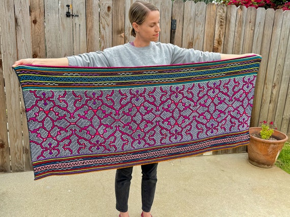 Shipibo Tapestry by Peruvian Artisan Alicia Inuma, 57" x 24", Embroidered Shamanic Altar Cloth / Table Runner / Shawl for Shamanic Ceremony