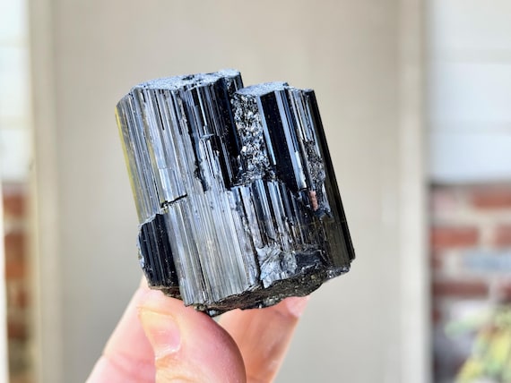 Black Tourmaline with Mild Dravite and Green Tourmaline Inclusions, 194g, Highest Grade Black Schorl, Aracuai, Minas Gerais, Brazil W674