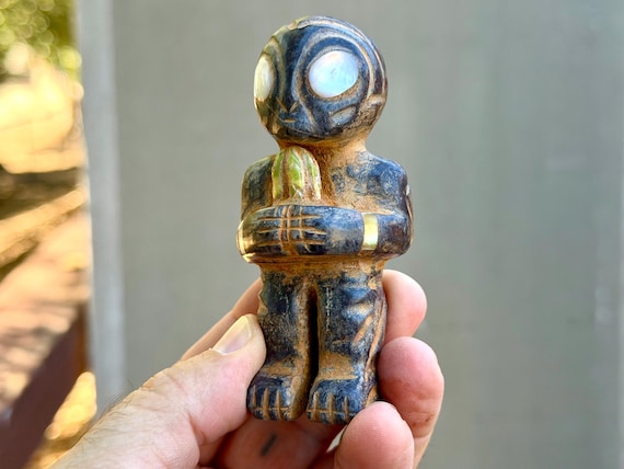 Extraterrestrial Alien Statue with Cactus, Hand Carved from Sacred Mountain Stone in Peru's Sacred Valley