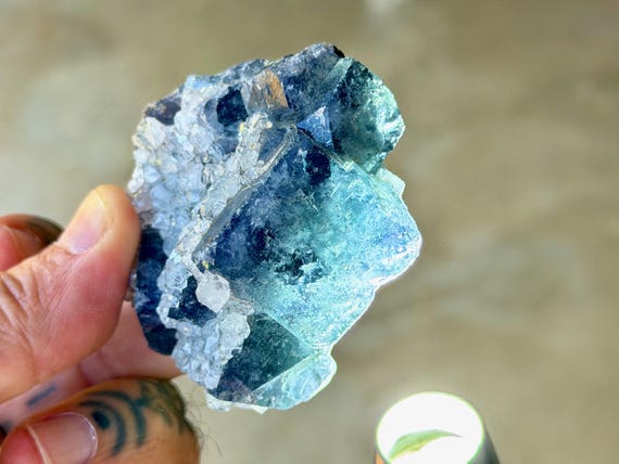 Bicolor Purple & Blue Fluorite, UV Reactive, New Find, Pyrite Inclusions, Nigeria B365